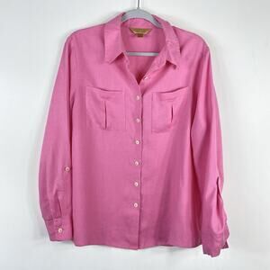 Investments Gold Label Size 14 100% Hemp Roll Tab Sleeve Button Shirt Top Pink